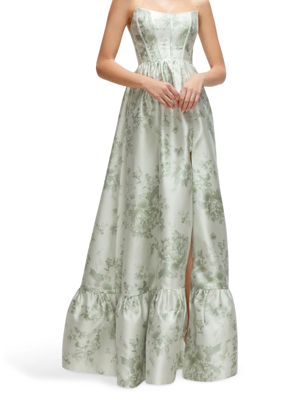 Dessy Collection Strapless Floral Midi Dress in Pale Mint